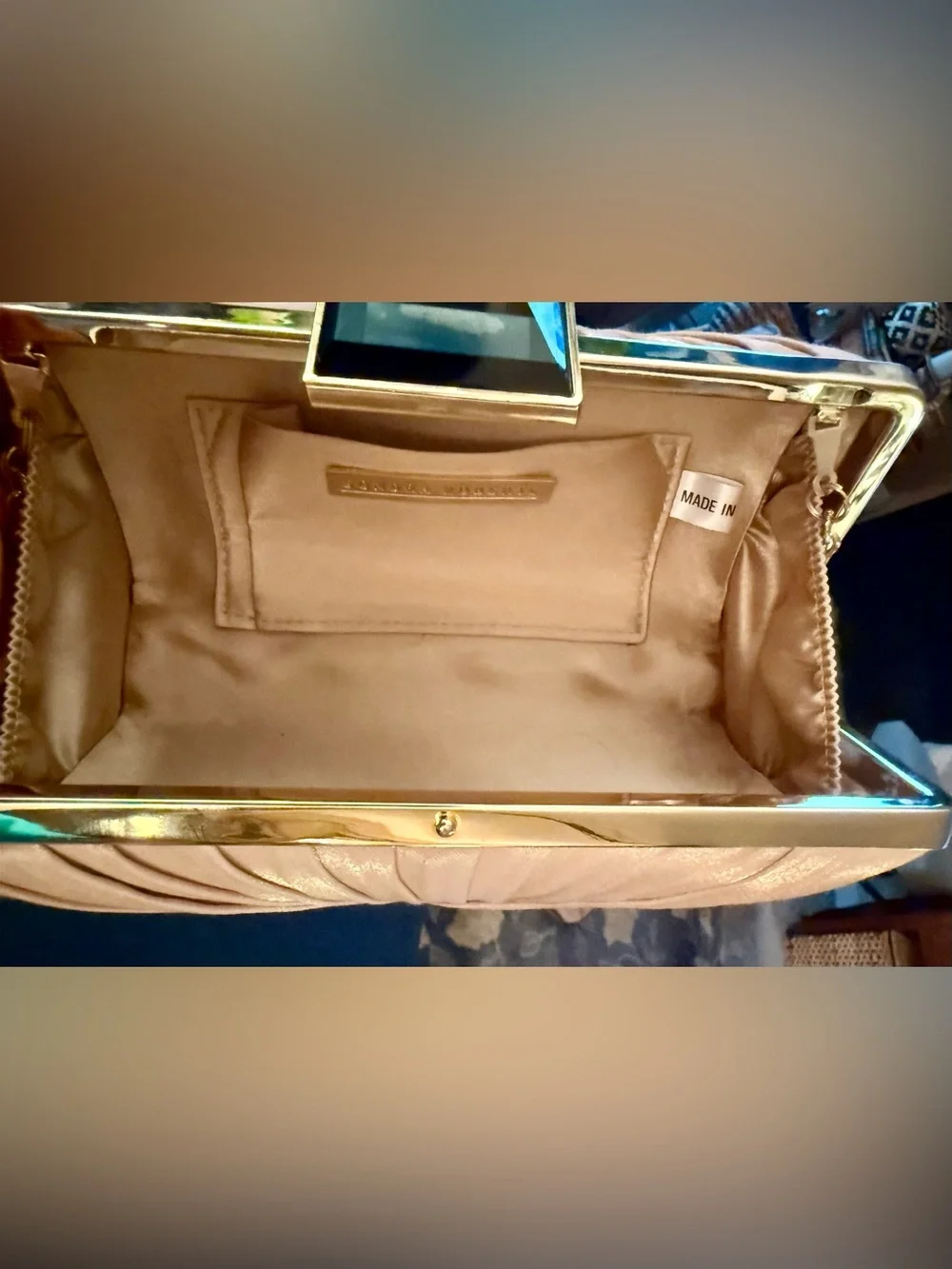 Sondra Roberts Champagne Pleated Clutch with Blue Jewel Clutch and Gold Chain